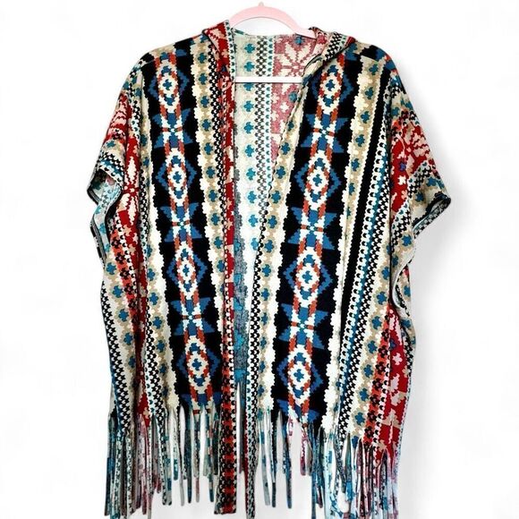 Colorful Hooded (L/XL) Oversized Fringe Printed Shawl / Open Poncho - Large Extr - Picture 2 of 5